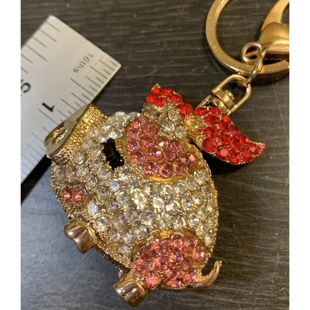 Pig With Bow Keychain Bejeweled Rhinestone Purse Jewelry Bling Clip Key Ring